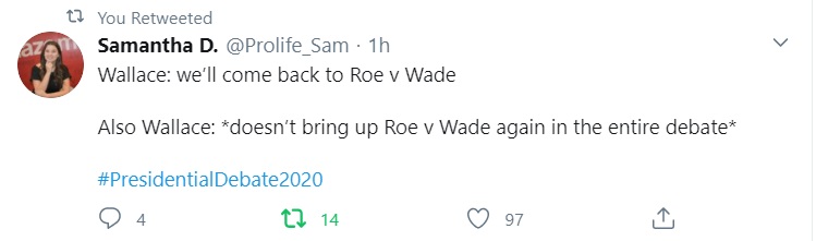 Image: Pro-lifers critical that Chris Wallace dodged Roe v Wade questions in 2020 Presidential Debate (Image: Twitter) 