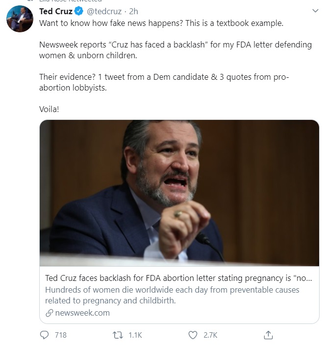 Image: Sen Ted Cruz responds to Newsweek story after calling to ban abortion pill (Image: Twitter)