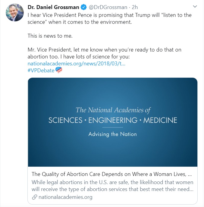 Image: Abortionist Daniel Grossman tweet on 2020 VP Debate science and abortion (Image: Twitter) 