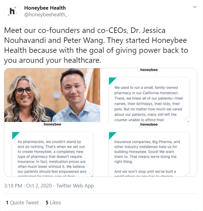 Image: HoneyBee Health pharmacy ships abortion pill founded by Dr Jessica Nouhavandi and Peter Wang (Image: Twitter) 