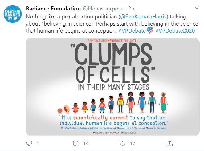 Image: Radiance Foundation tweet on 2020 VP Debate science and abortion (Image: Twitter) 
