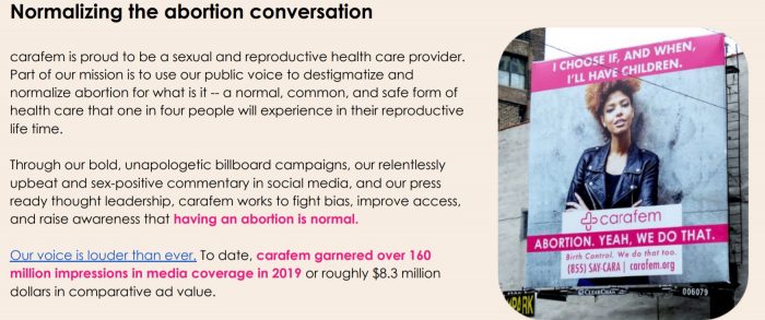 Image: Carafem wants to normalize abortion (Image: 2020 Carafem Annual Report) 
