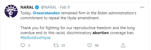 Image: NARAL praises Neera Tanden for opposing pro-life Hyde Amendment (Image: Twitter) 