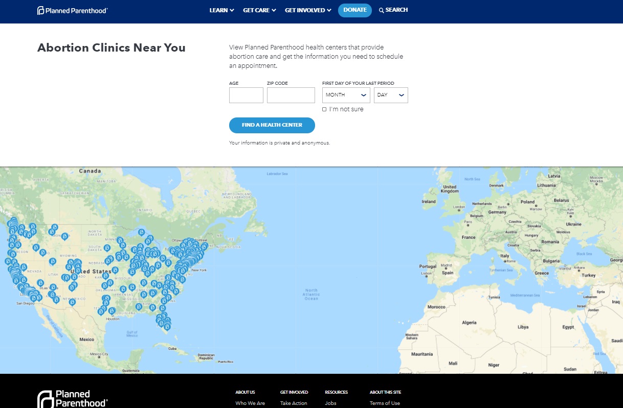 Image: Planned Parenthood Abortion Locator (Image: PP website accessed 2/26/2021)