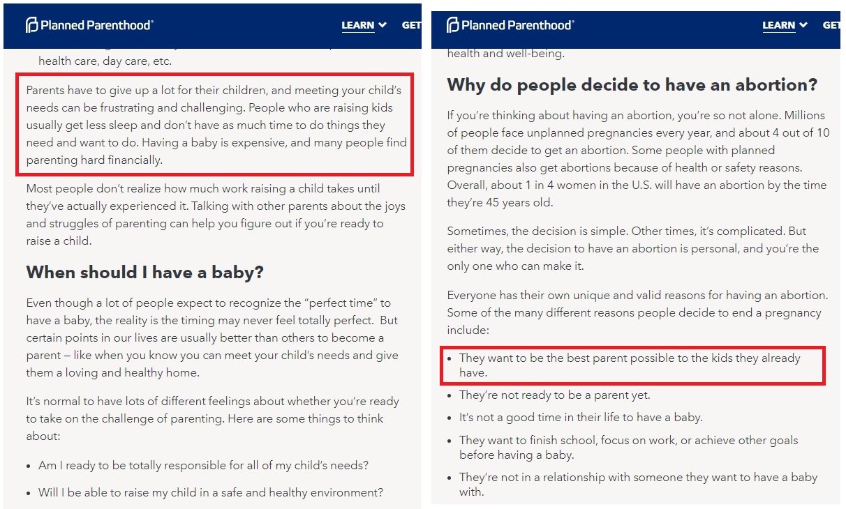 Image: Pregnancy v abortion Planned Parenthood website