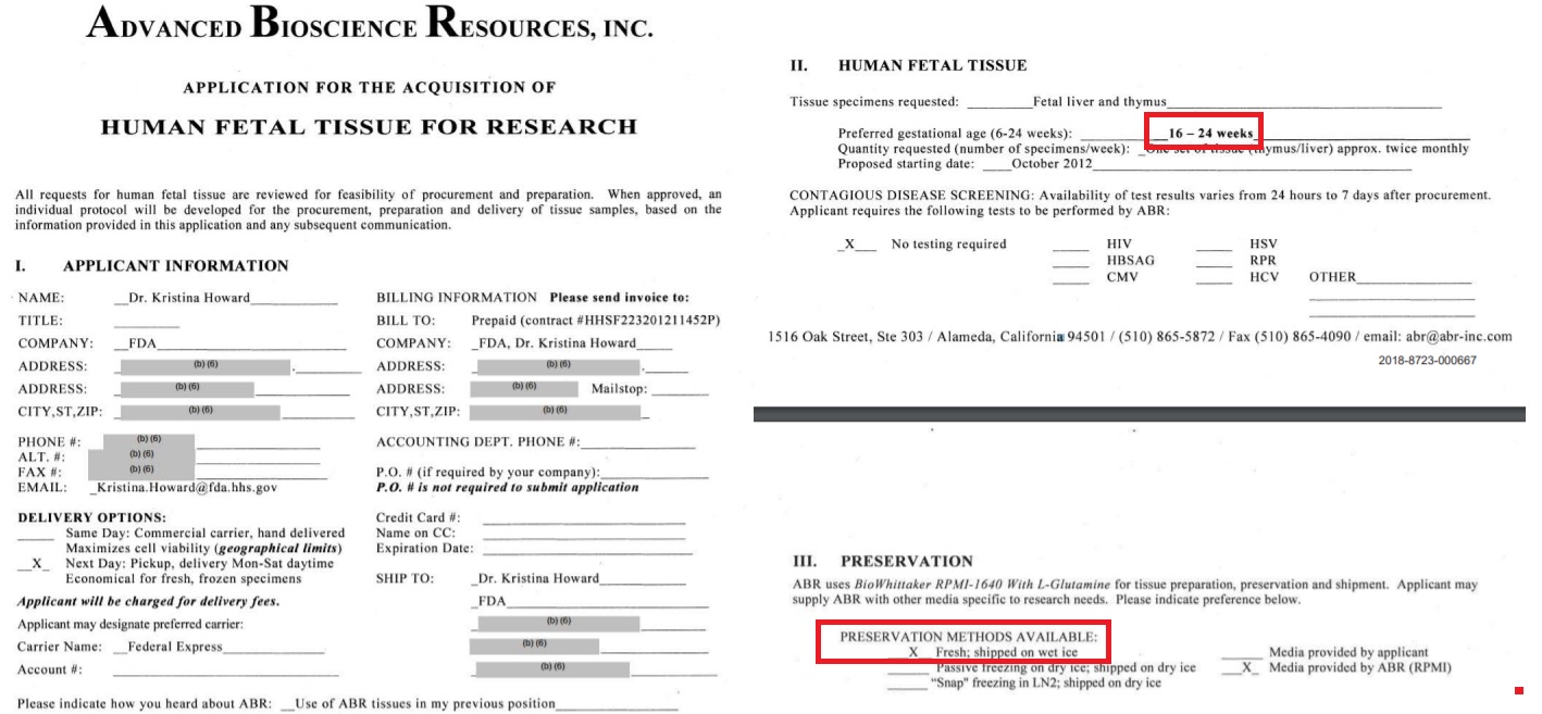 Image: FDA contract for human fetal tissue 16 to 24 weeks shipped on ice with Advanced Bioscience Resources ABR aborted