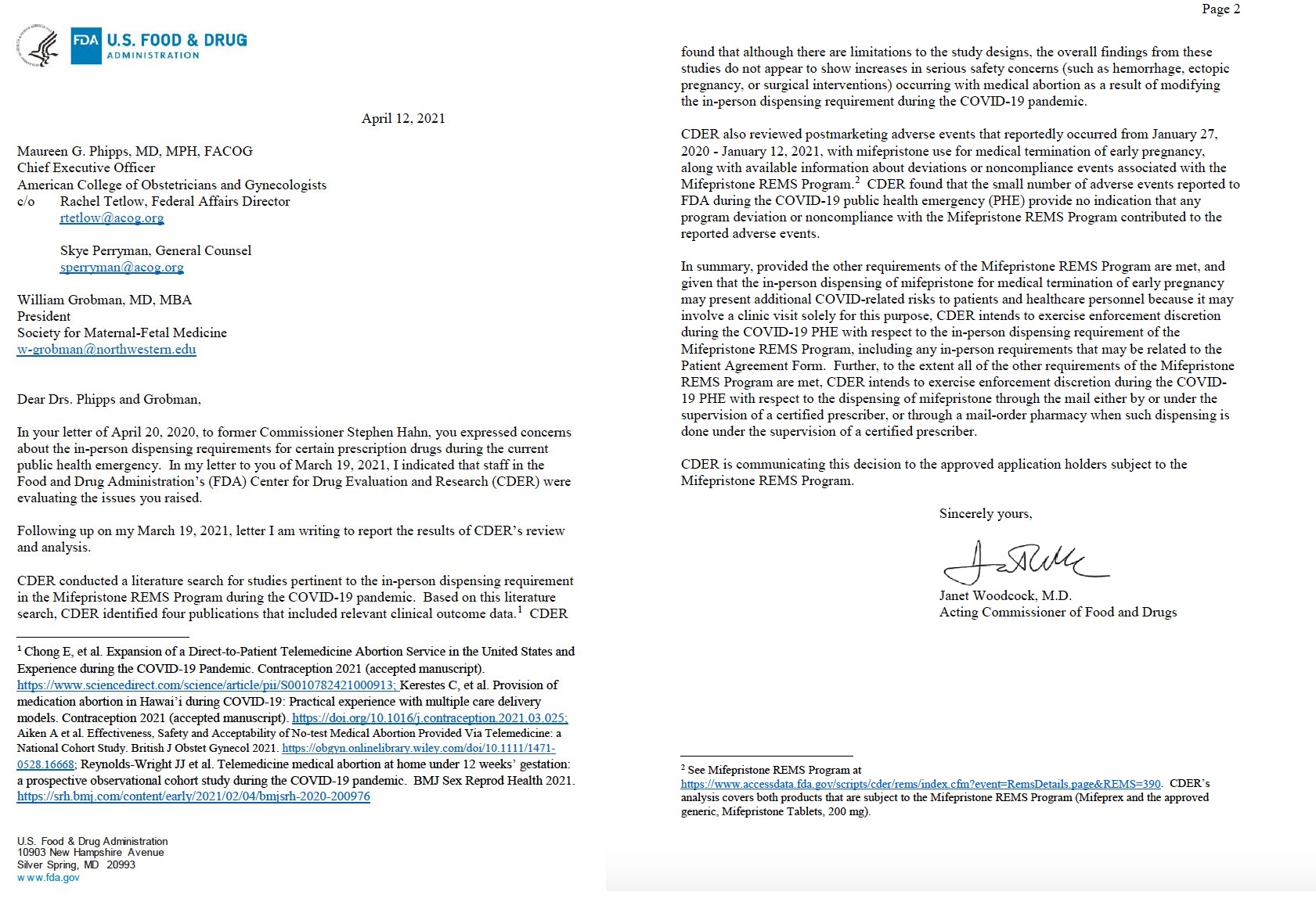 Image: FDA letter to ACOG allows dispensing of abortion pill by mail outside Rems during COVID-19Image Twitter