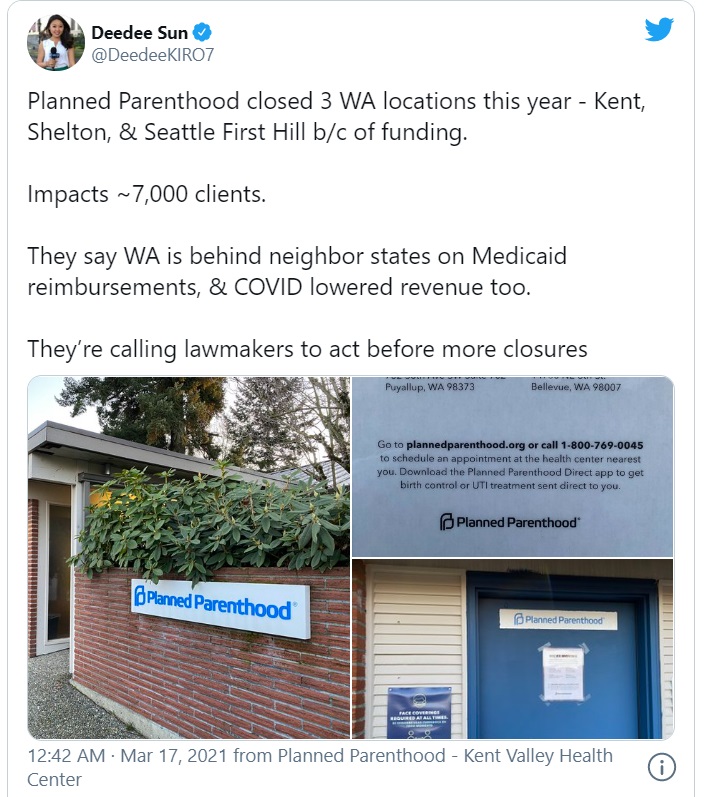 Image: Planned Parenthood closes facilities in Washington State 2021 (Image: Twitter)