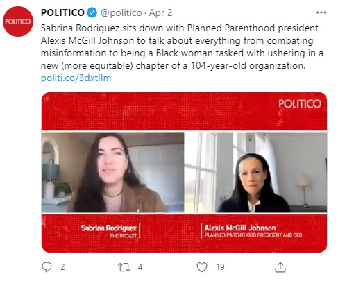 Image: Politico correspondent Sabrina Rodriguez gives puff interview with Planned Parenthood prez Alexis McGill (Image: Twitter)