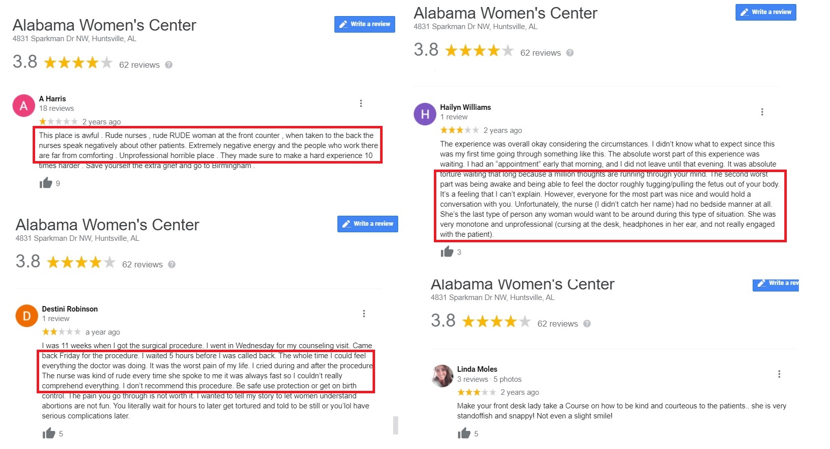 Image: Alabama Women's Center Google review complaints about feeling abortion and abortion nurse accessed 062821jpg