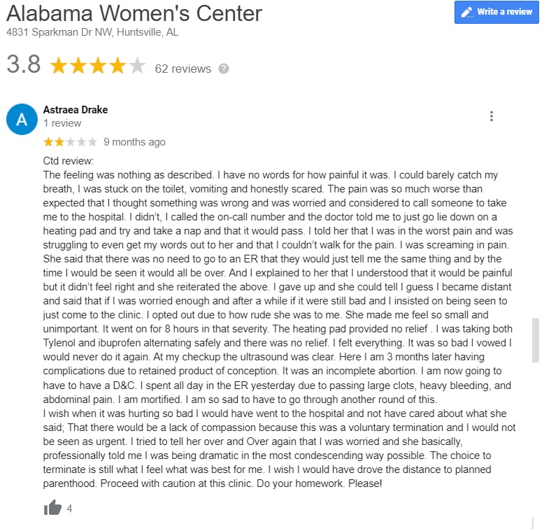 Image: Alabama Women's Center abortion pill review on Google accessed 062821jpg