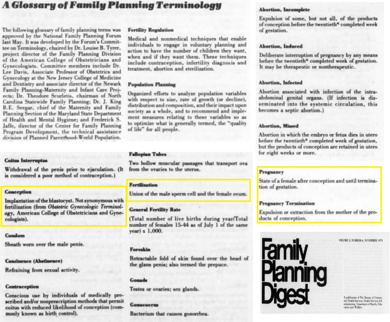 Image: Family Planning Digest terminology abortion conception pregnancy implantation Nov 1973 and ACOG involvement