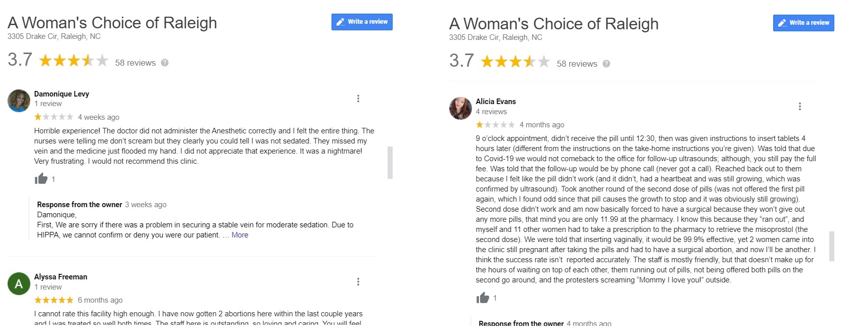 Image: Raleigh abortion facility Google reviews Horrible experience and abortion pill did not work accessed 061721