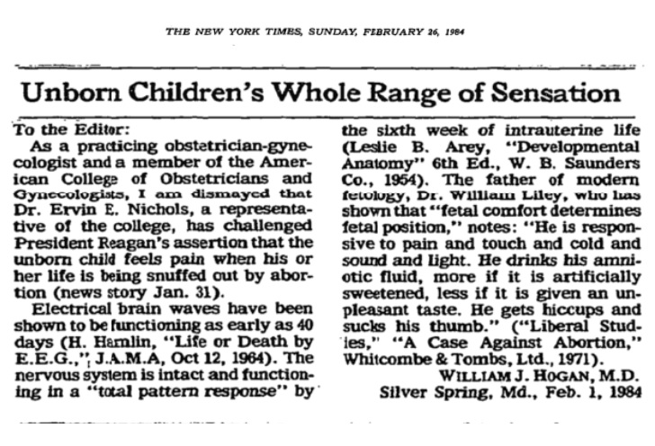 Image: ACOG member confirms preborn child feels pain (New York Times 02261984)