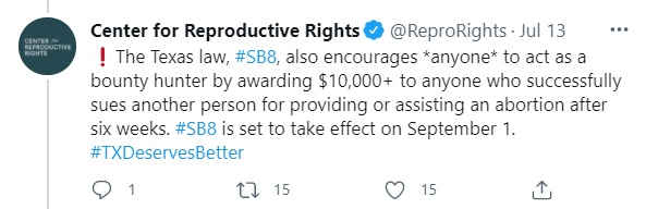 Image: Center for Reproductive Rights claims Texas is offering Bounty on abortion (Image: Twitter) 