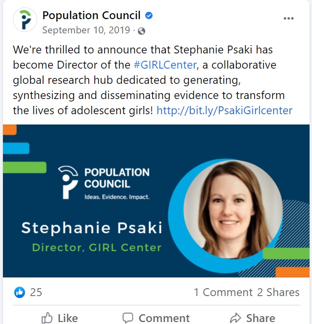 Image: Population Council appoints Stephanie Psaki director of Gile Center 2019 (Image: Facebook)