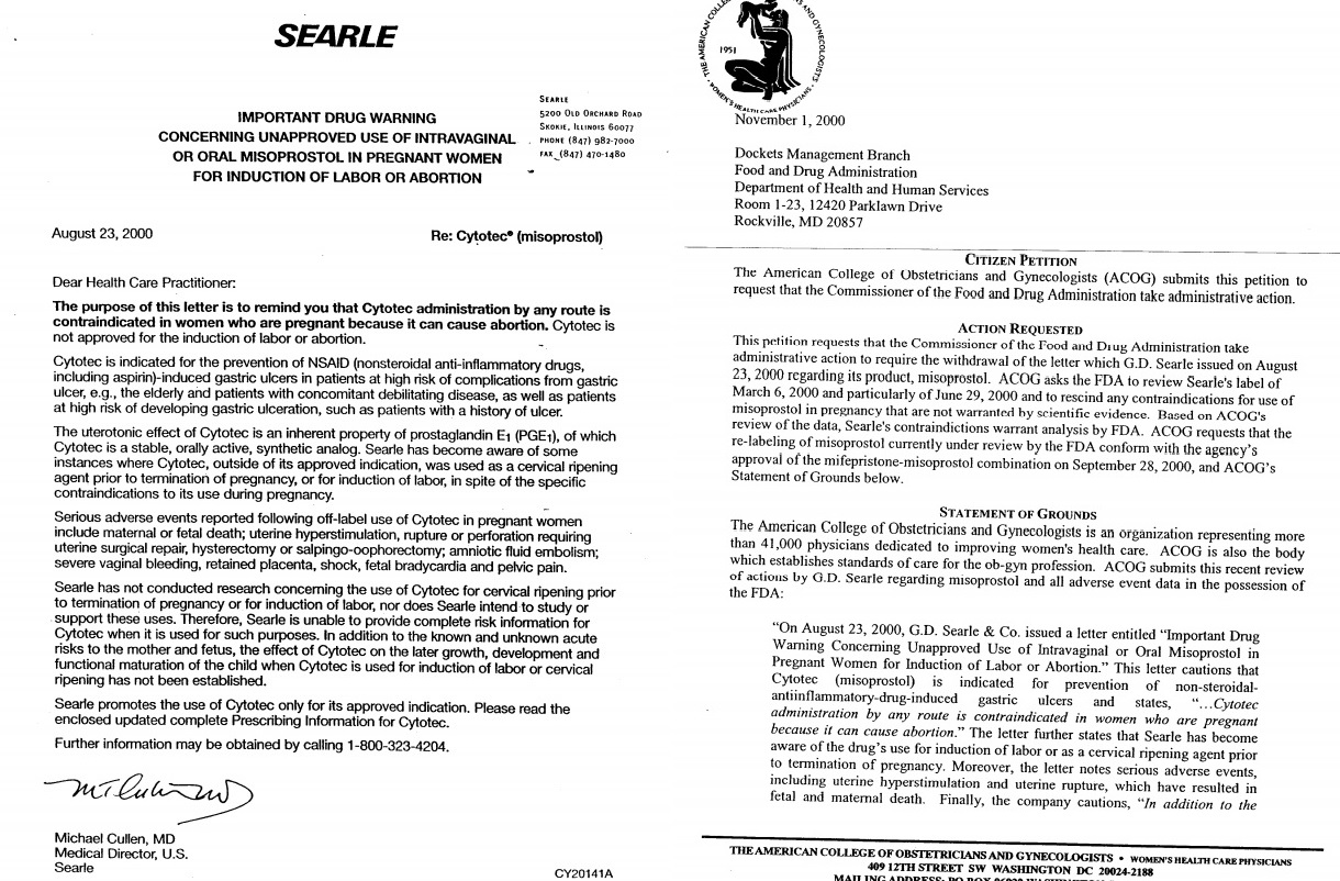 Image: Searle dear healthcare letter on Cytotec as abortion drug and ACOG citizen petition to withdraw