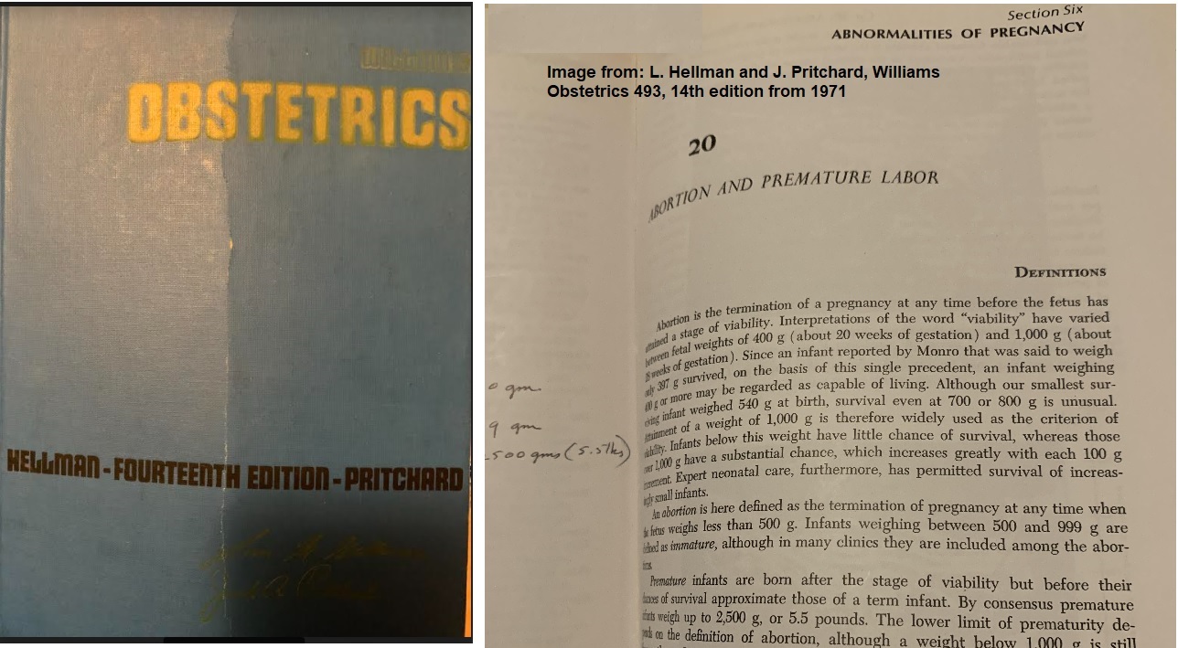 Image: Hellman and Pritchard Williams Obstetrics 14th edition 1971 Viability and abortion 