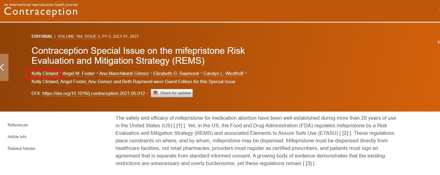 Image: Kelly Cleland cites a Journal Contraception article she authored to claim abortion pill is safe
