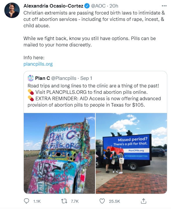 Image: AOC tweets our unregulated abortion pill dispensary org PlanC (Image: Twitter)