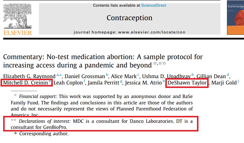 Image: Authors paid by abortion pill mfg Mitchaell Creinin consultant for Danco DeShawn Taylor consultant for GenBioPro