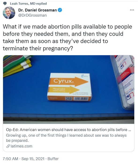 Image: Daniel Grossman pushing Advanced provision of abortion pills (Image: Twitter)