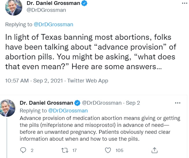 Dr Daniel Grossman advocates advanced provision of abortion pill in light of Texas law Image Twitter
