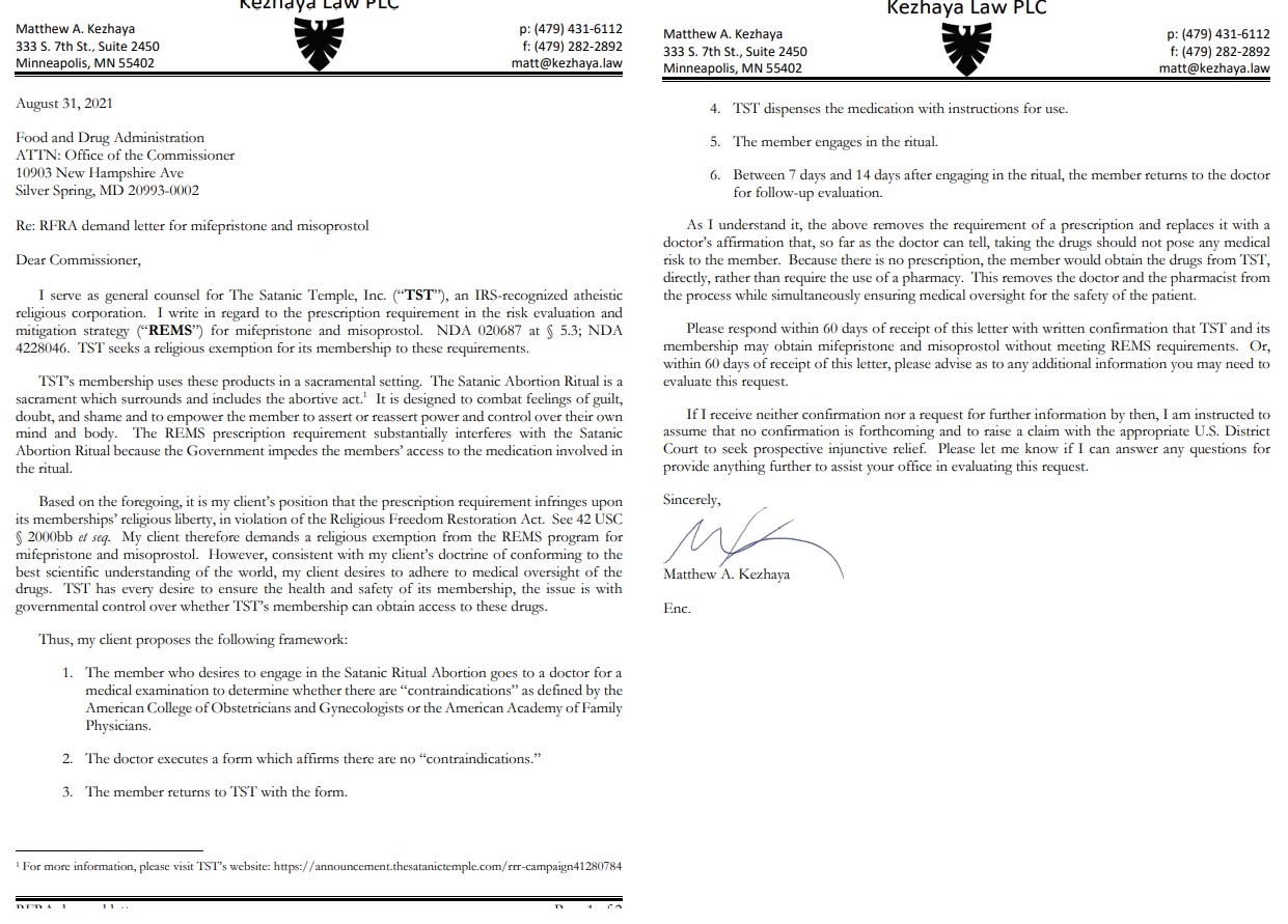 Image: FDA letter on abortion pill REMS from The Satanic Temple