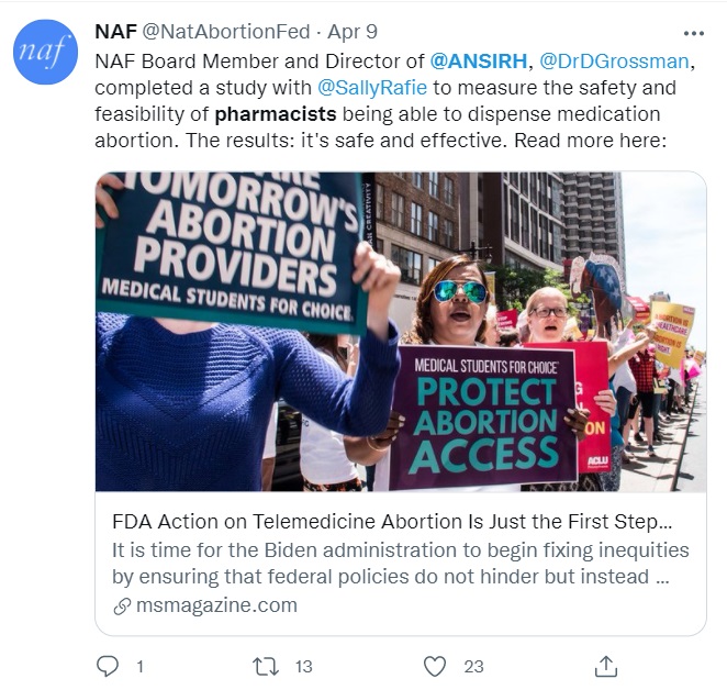 NAF board member Daniel Grossman pharmacy abortion pill Image Twitter
