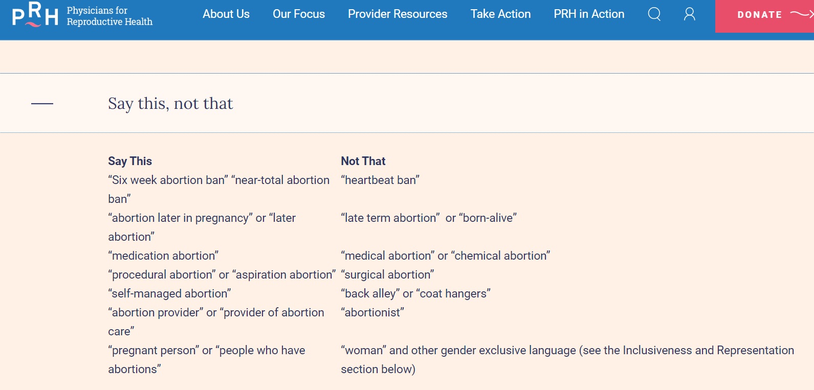Image: Physicians for Reproductive Health PRH abortion language Say this not That