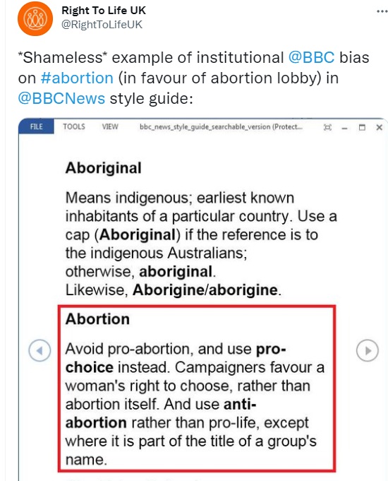 Right to Life UK tweets on BBC abortion language Image Twitter