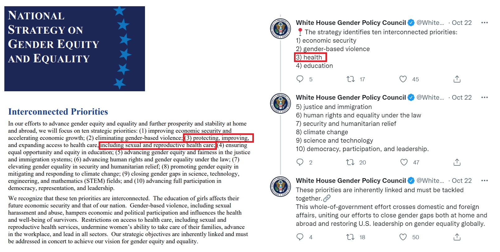 Image: Biden Harris National strategy on Gender Equity and Equality v message on Twitter which left off abortion 