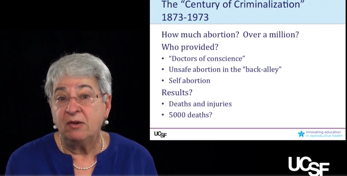 Image: Carole Joffe on illegal abortions committed by medical professionals (Screen: UCSF Innovating Education: History of Abortion)