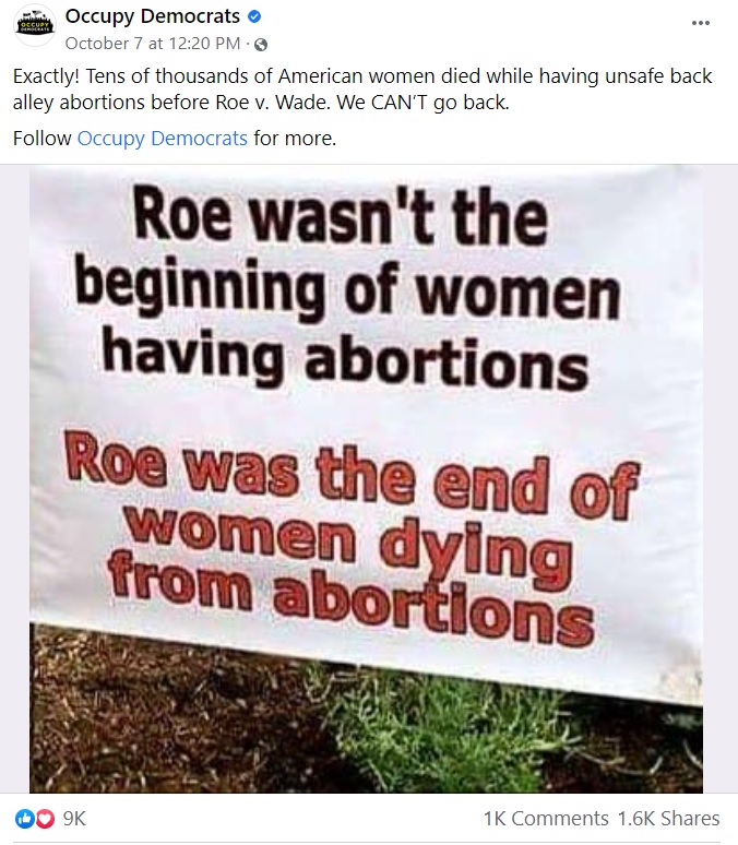 Image: Facebook post false claim tens of thousands of women died from illegal abortion