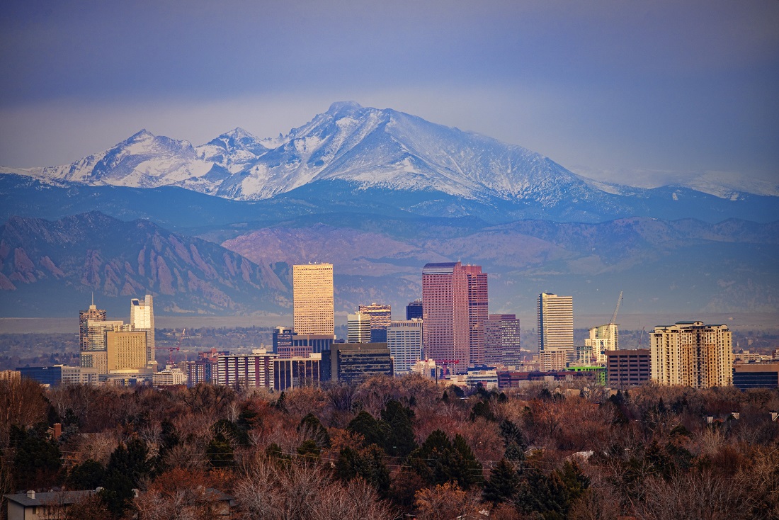 Denver cityscape with Mount Meeker and Longs Peak