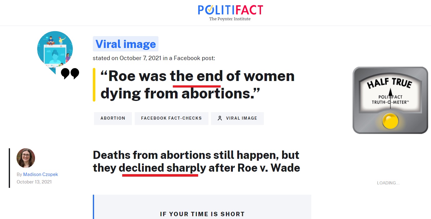 Image: Politifact factcheck on whether Roe was end of women dying from abortions