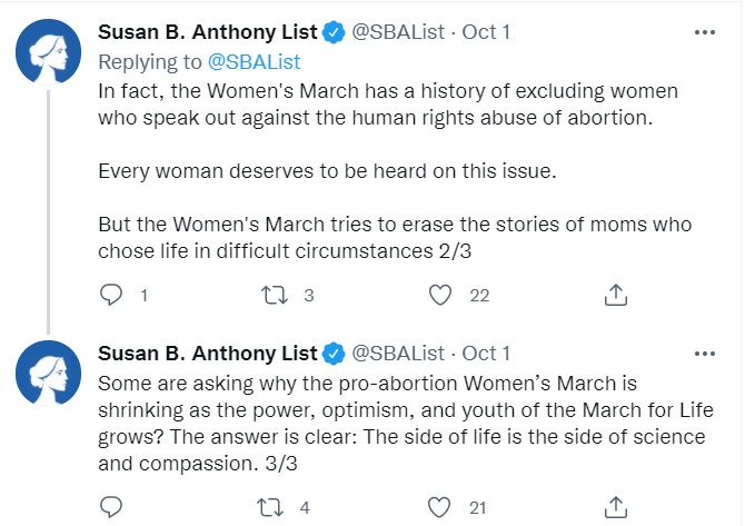Image: SBA List claims Women's March excludes women (Image: Twitter)