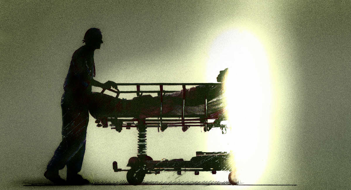 a concept image of a nurse pushing a patient into light symbolising assisted dying