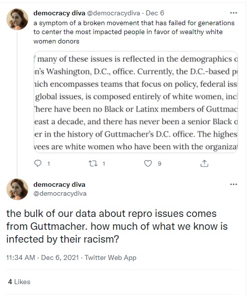 Abortion rights advocate questions Guttmacher Institute data as infected by their racism Image Twitter