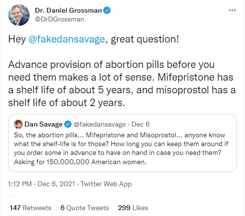 Dr Daniel Grossman tweet on advanced provision of abortion pills Image Twitter