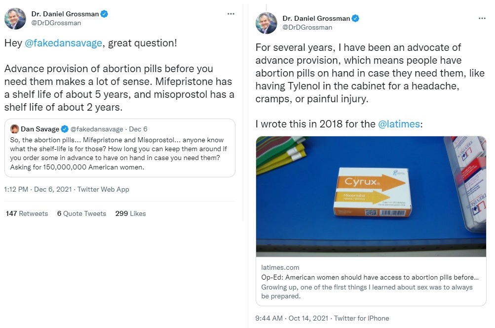Image: Dr Daniel Grossman tweet on advanced provision of abortion pills like Tylenol (Image: Twitter)