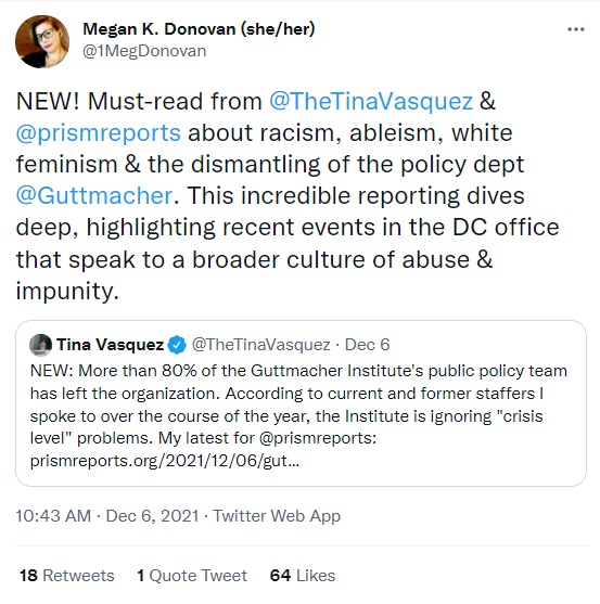 Former Guttmacher staffer calls Prism story about racism abelism and white feminism Image Twitter