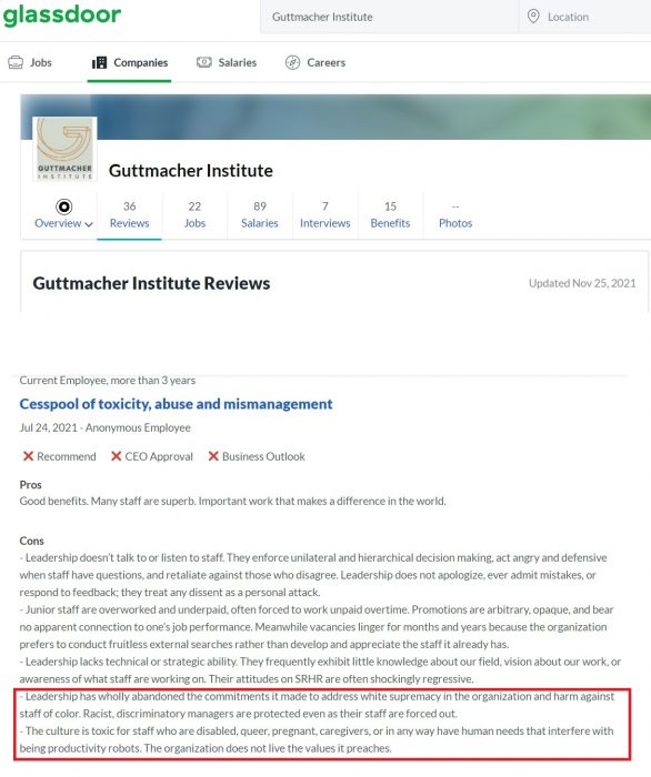 Image: Glassdoor review of Guttmacher Institute claims toxic and abusive and racist work environment