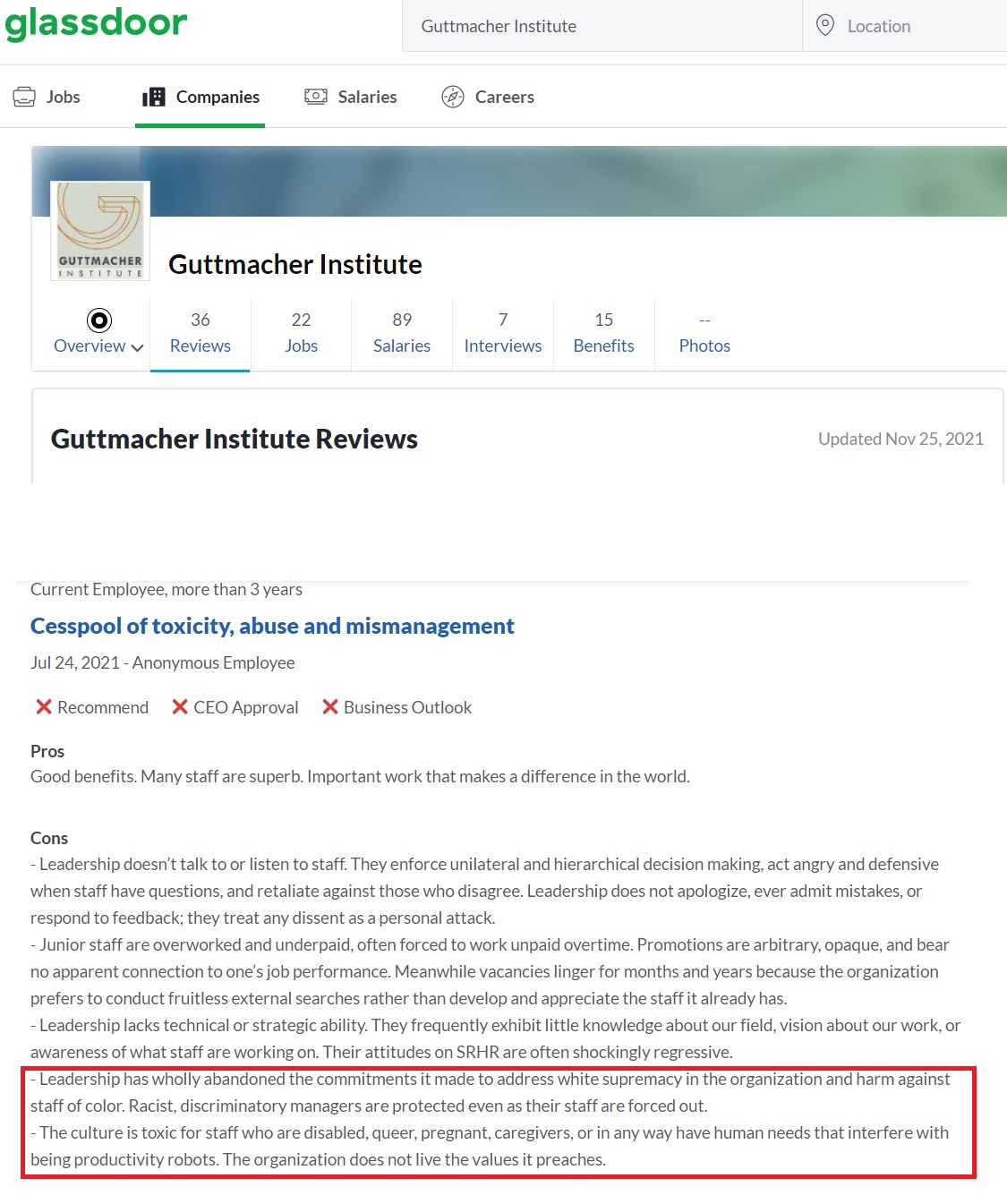 Glassdoor review of Guttmacher Institute claims toxic and abusive and racist work environment