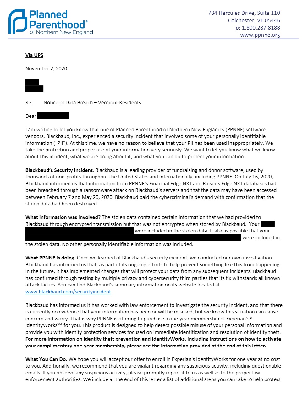 Image: Planned Parenthood letter security breach of vendor Blackbaud