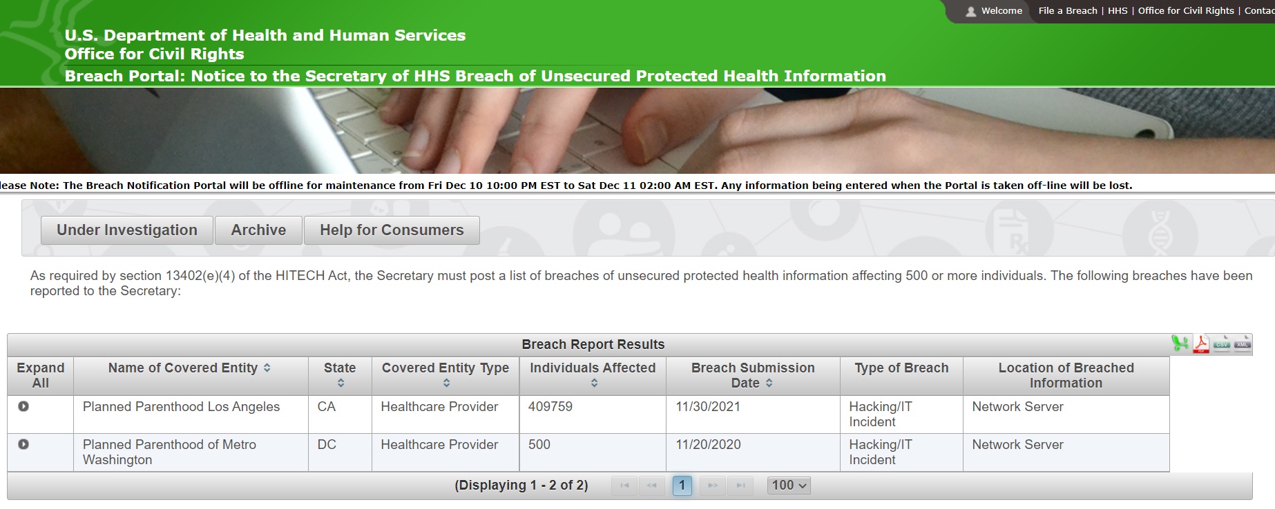 Image: Planned Parenthood data breach Los Angeles Metro Washington OCR portal 12092021