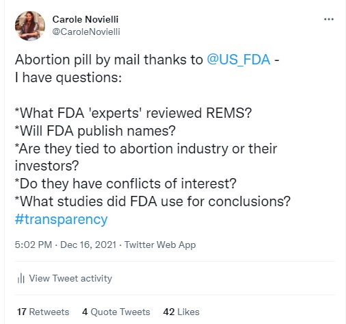 Image: Questions for Food and Drug Administration (FDA) on abortion pill by mail expansion (Image: Carole Novielli on Twitter)