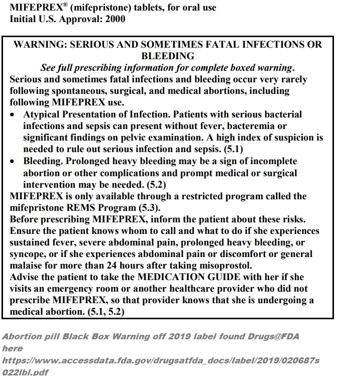 Image: Abortion Pill Mifeprex Black Box Warning (2019 label from FDA)