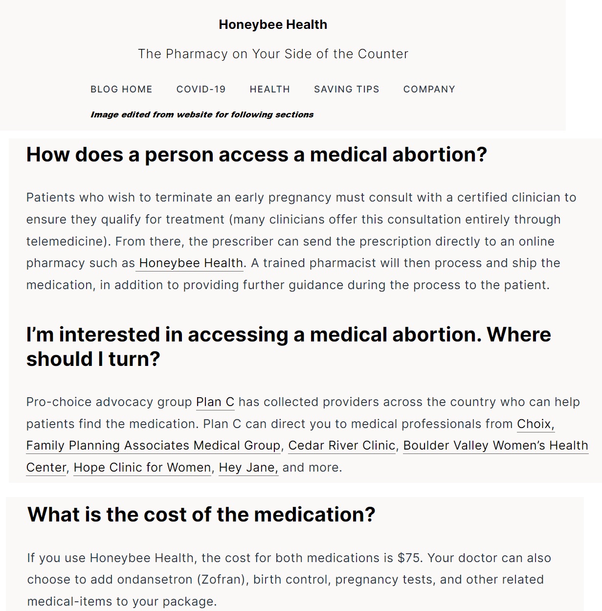 Image: HoneyBee Health pharmacy promoting abortion pills online