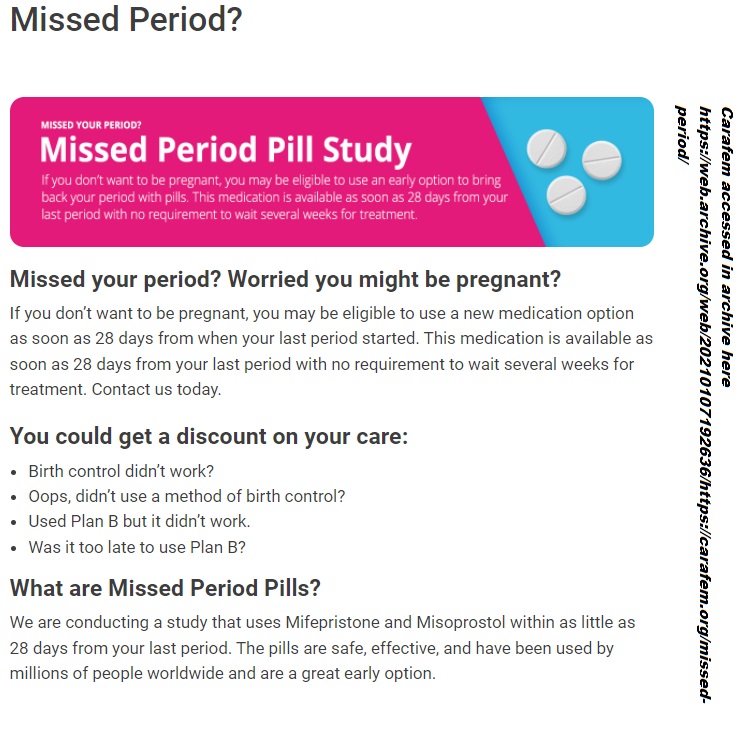 Image: Carafem archived 2021 website Missed Period Pill uses the abortion pill regimen